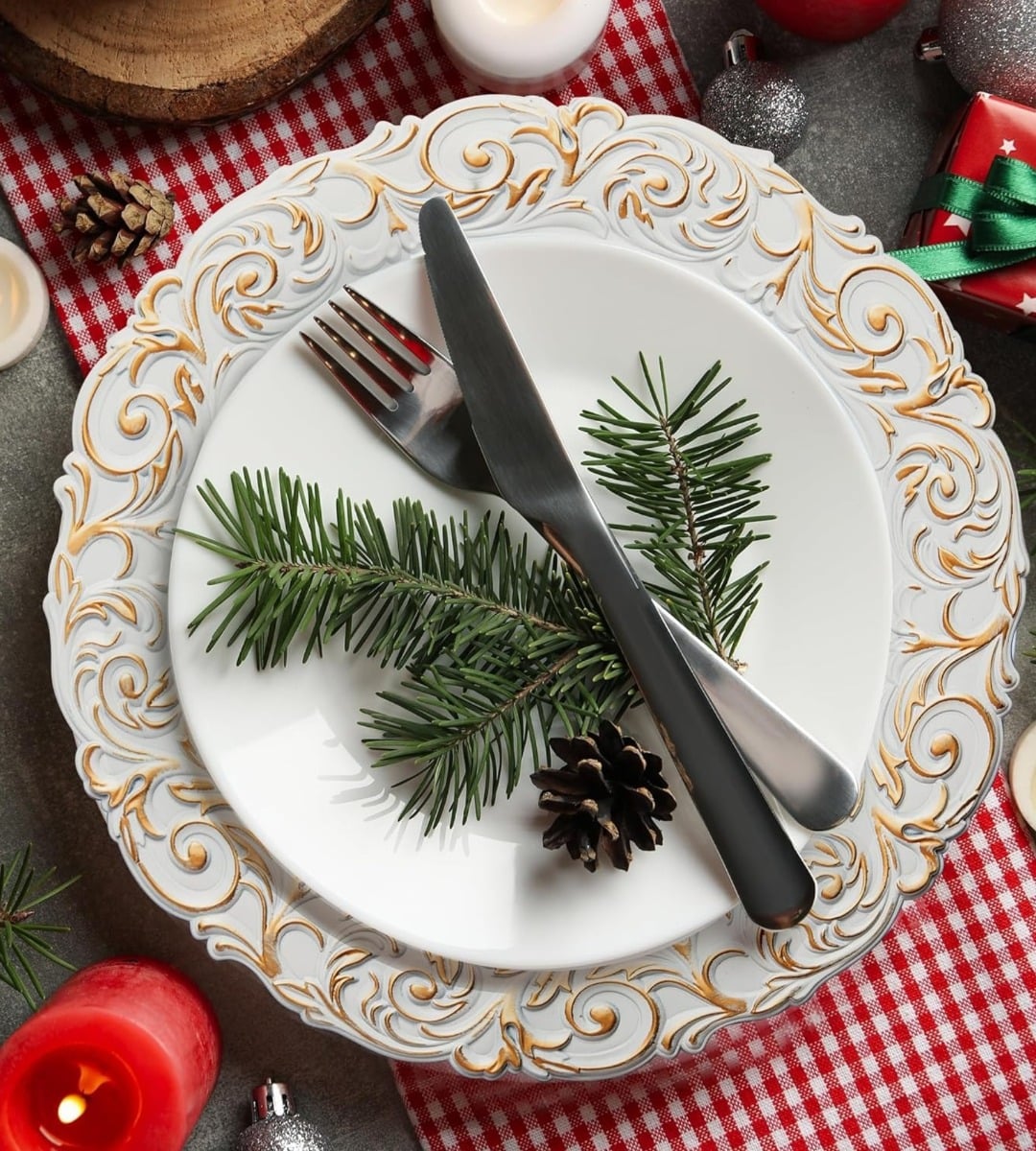SET 3 PLATO BLANCO BORDE DORADO MESA RELIEVE DECORATIVO JHN - 2