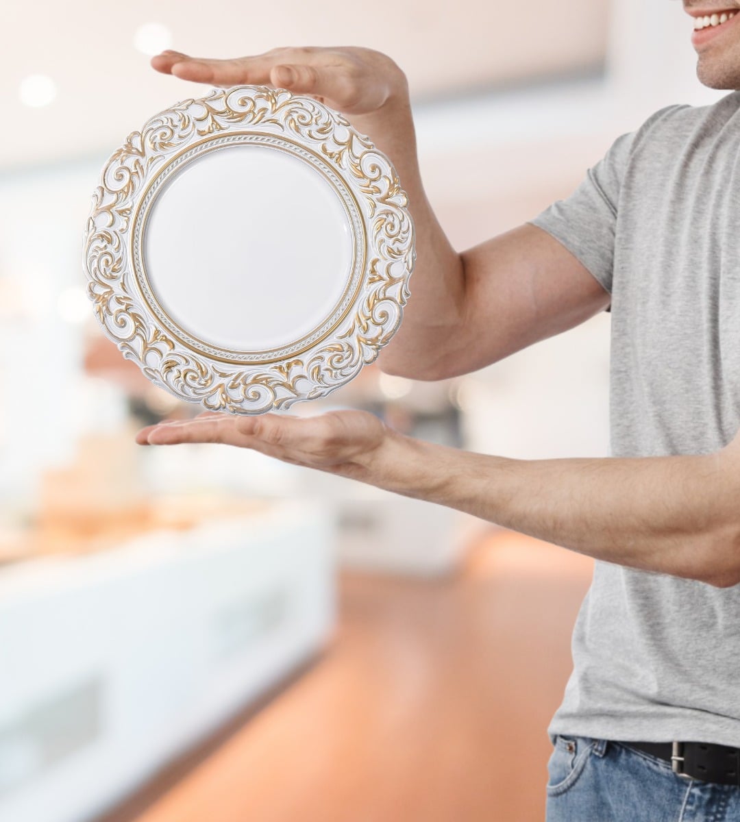 SET 3 PLATO BLANCO BORDE DORADO MESA RELIEVE DECORATIVO JHN - 7