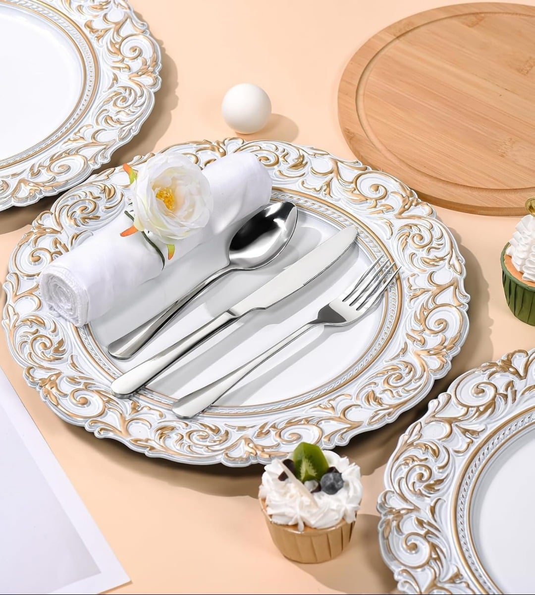 SET 3 PLATO BLANCO BORDE DORADO MESA RELIEVE DECORATIVO JHN - 8
