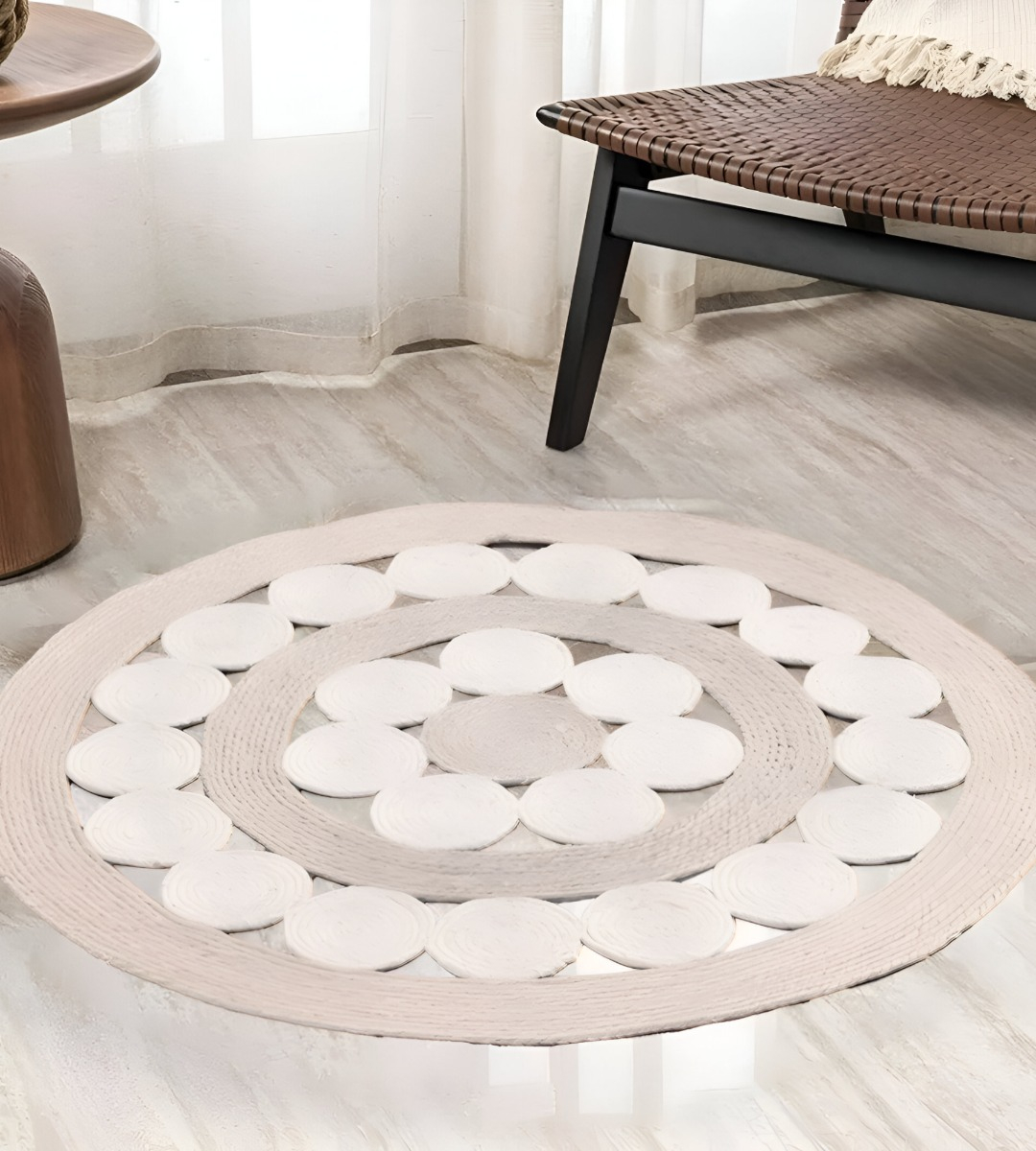 ALFOMBRA YUTE BICOLOR CÍRCULOS CALADA DECORATIVA JHN - 10