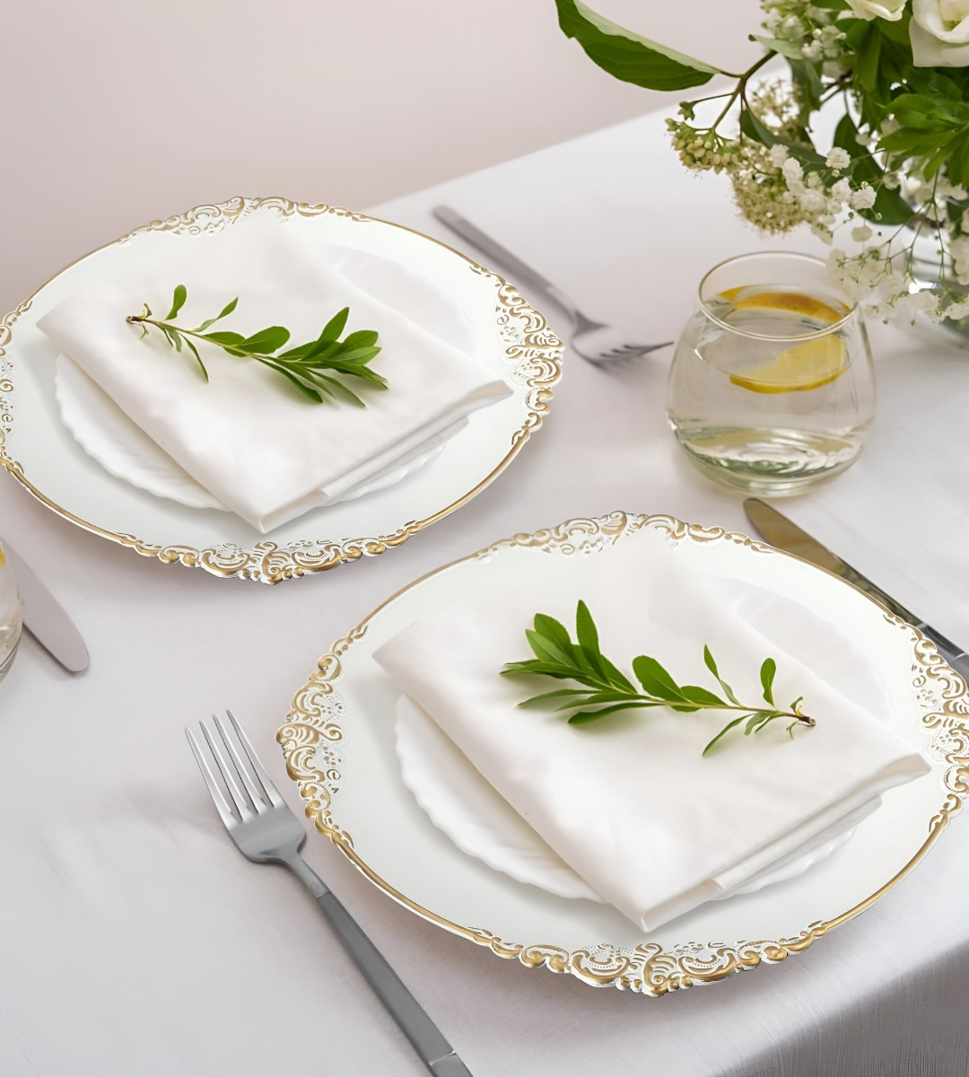 SET 3 BAJO PLATO BASE DECORATIVO BLANCO Y BORDE DORADO JHN - 2
