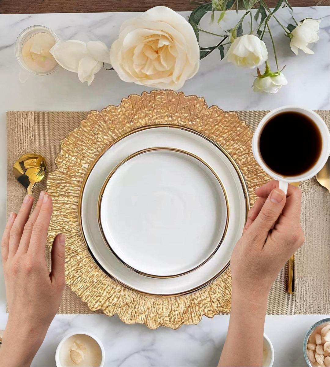 SET 3 PLATO BASE REDONDO DORADO BRILLANTE DECORATIVO JHN - 4