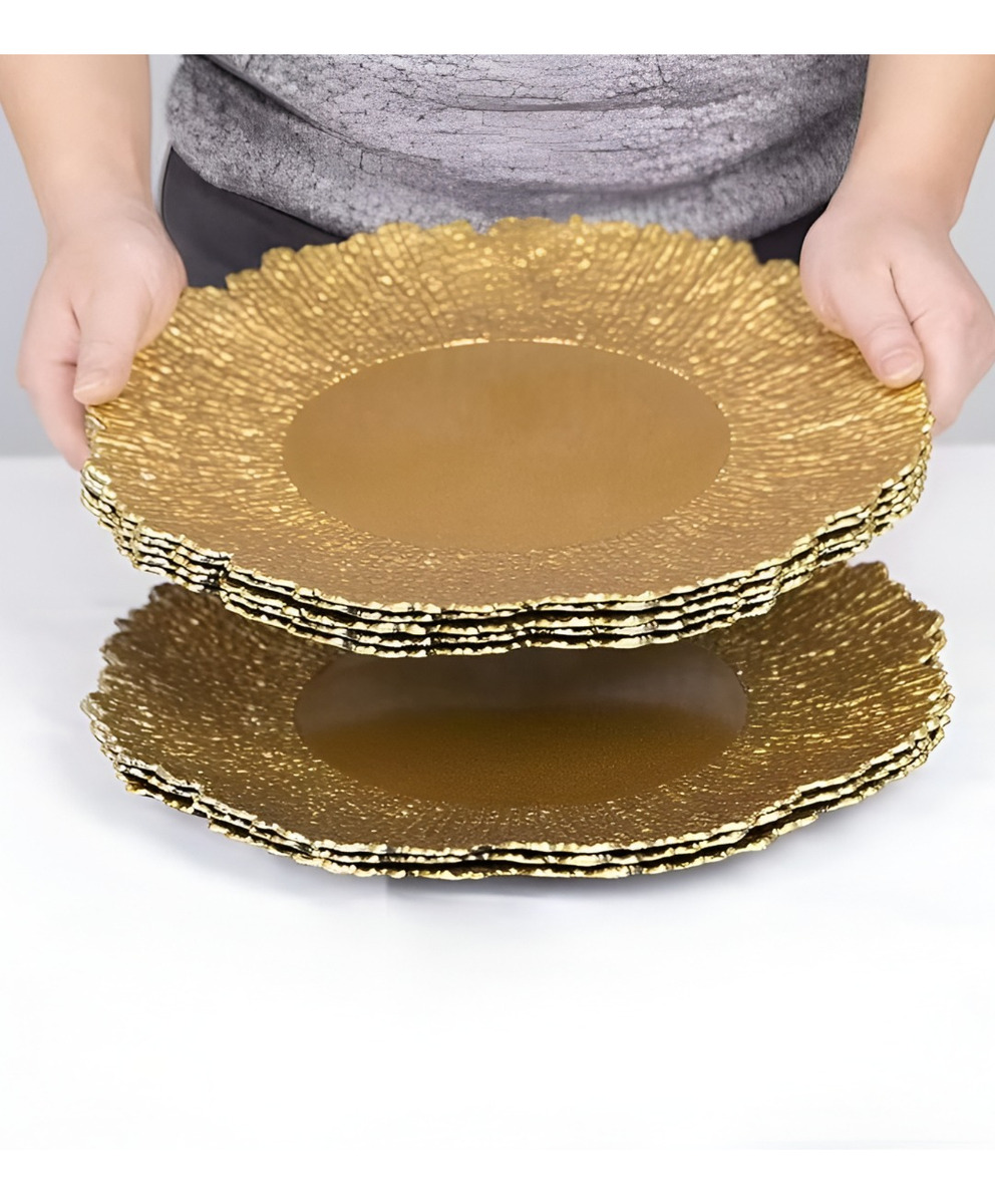 SET 3 PLATO BASE REDONDO DORADO BRILLANTE DECORATIVO JHN - 9