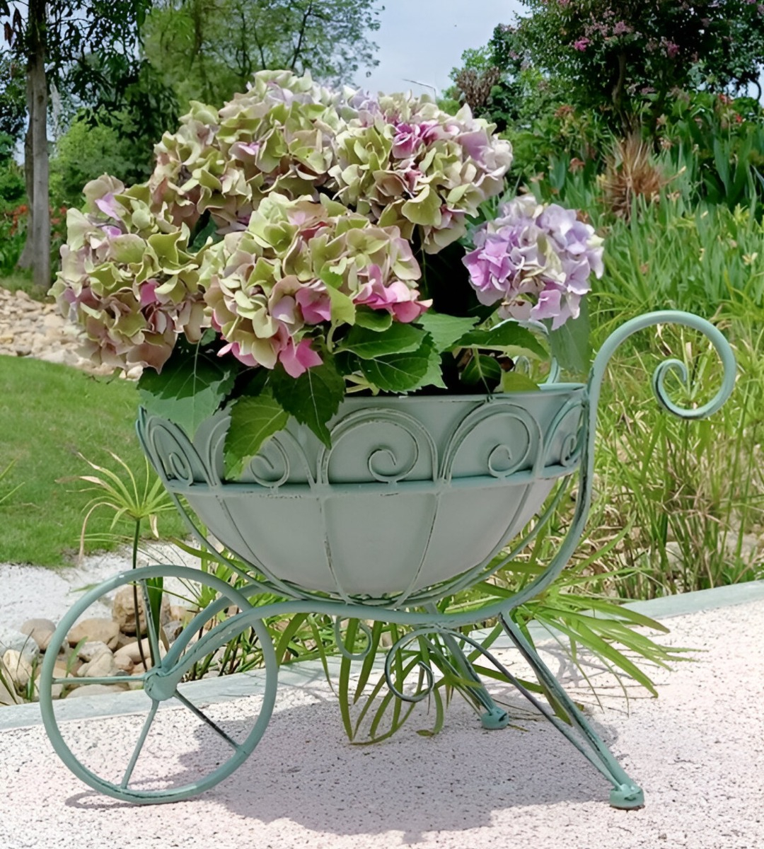 SOPORTE MACETAS ORNAMENTADO PLANTAS CARRETILLA FLORES JHN - 10