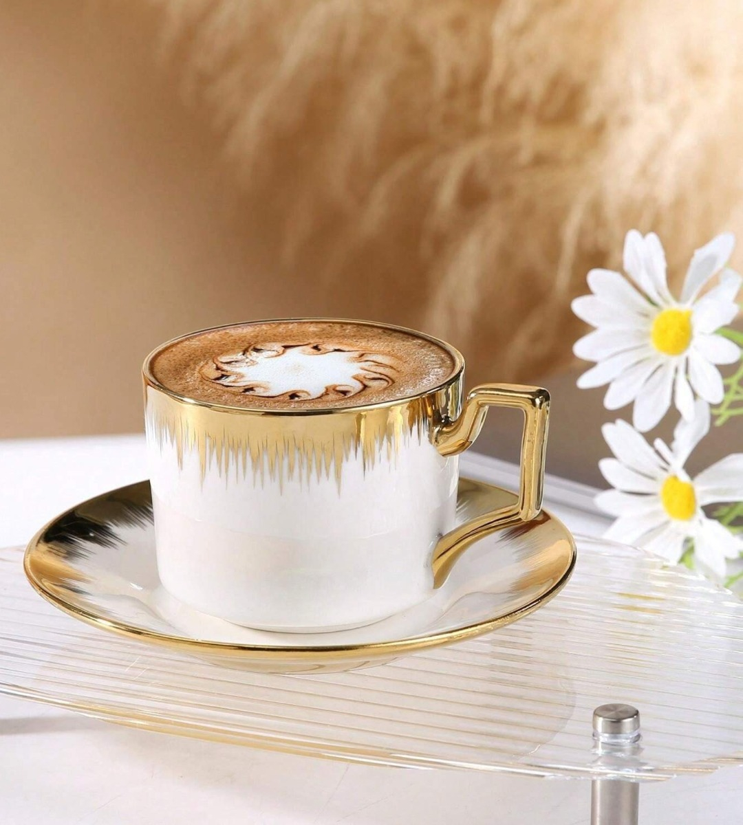 JUEGO TAZA EN COLOR CAFE PLATILLO APILABLE BORDE DECORATIVO JHN - 8