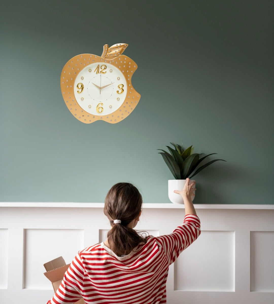 RELOJ PARED DECORATIVO FORMA MANZANA DETALLE ELEGANTE JHN - 5