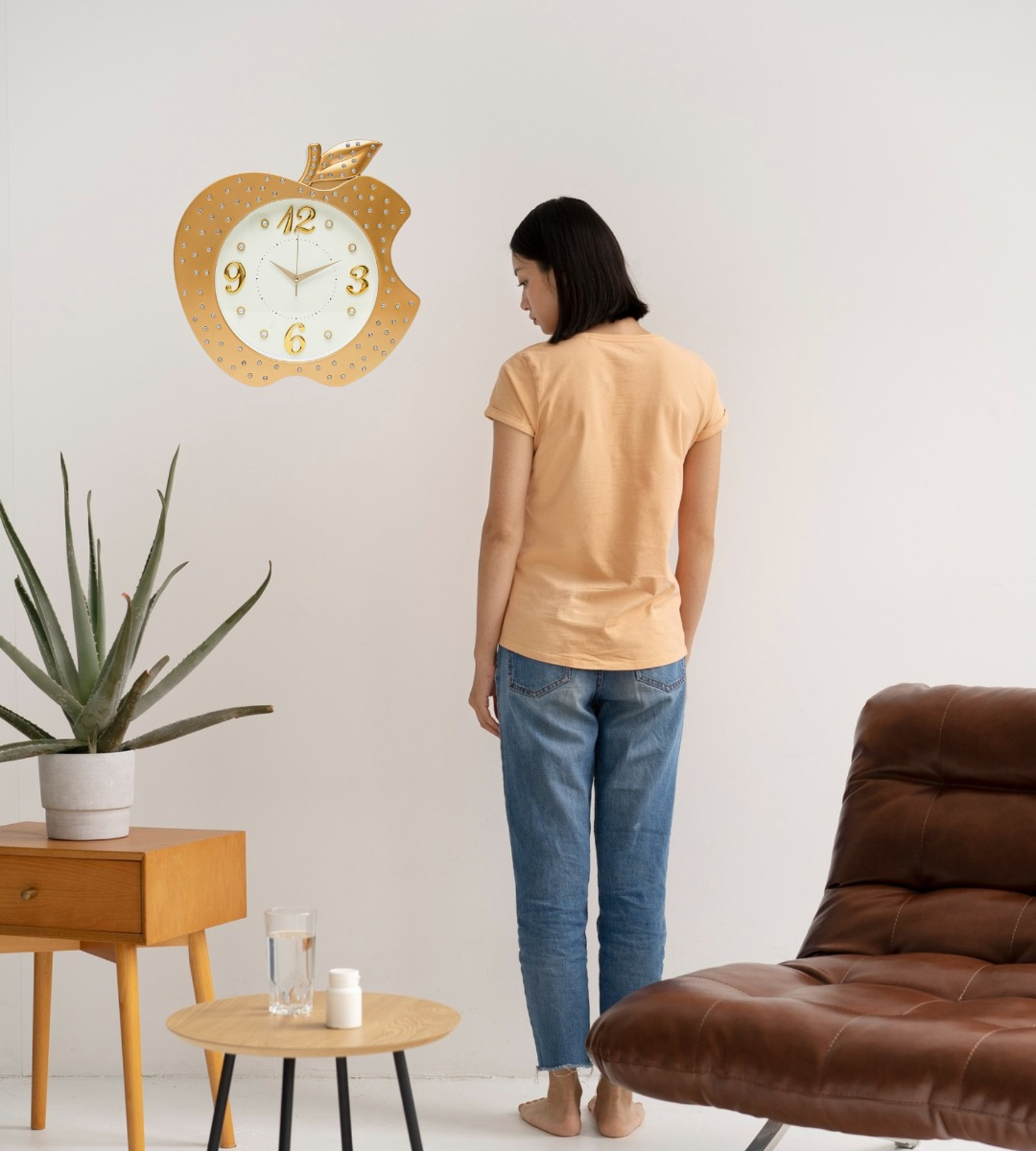 RELOJ PARED DECORATIVO FORMA MANZANA DETALLE ELEGANTE JHN - 6