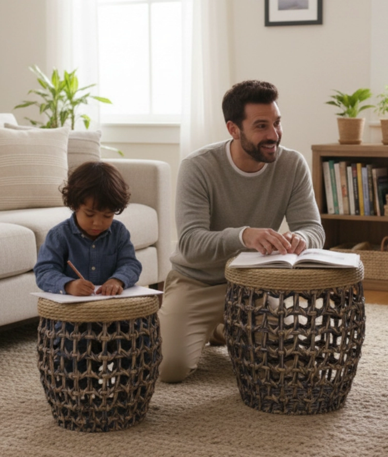 SET 3 TABURETES AUXILIARES DECORATIVOS ESTILO NATURAL JHN - 5