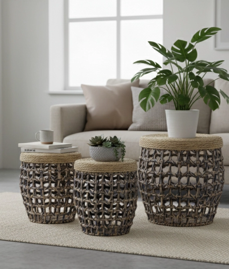 SET 3 TABURETES AUXILIARES DECORATIVOS ESTILO NATURAL JHN - 7