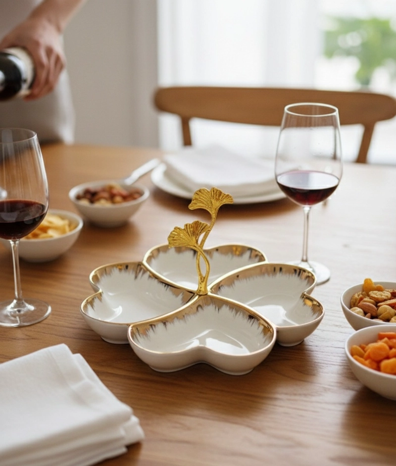 BANDEJA DECORATIVA TRE BOL ELEGANTE GINKGO CENTRO MESA JHN - 2