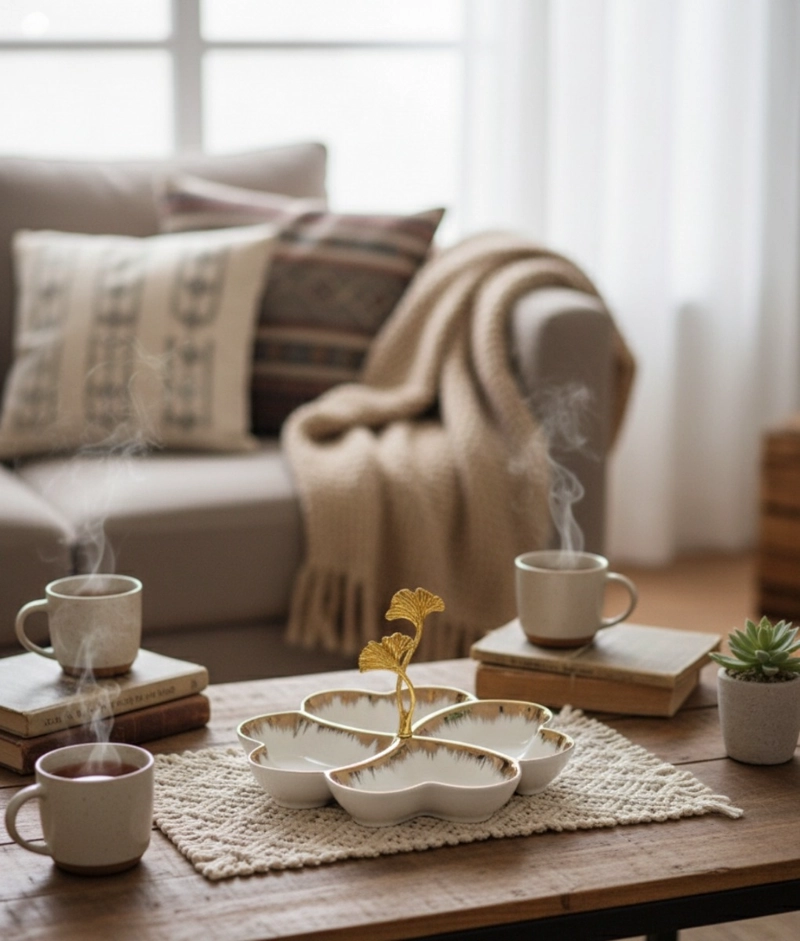 BANDEJA DECORATIVA TRE BOL ELEGANTE GINKGO CENTRO MESA JHN - 9