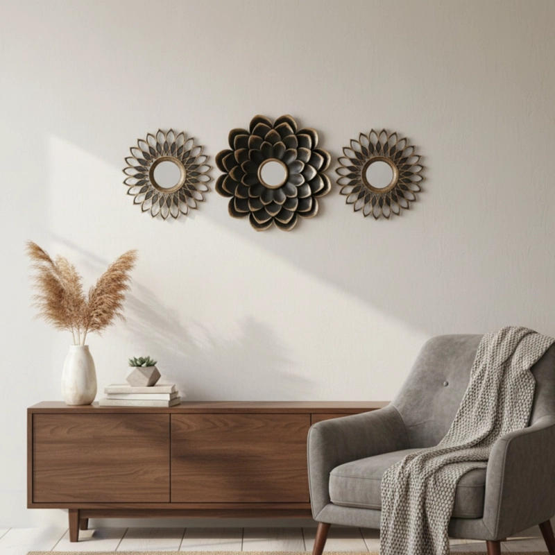 ESPEJO PARED FLORAL CONJUNTO DECORATIVO 3 PZA HOGAR JHN - 2