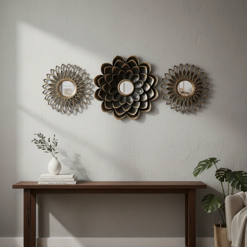 ESPEJO PARED FLORAL CONJUNTO DECORATIVO 3 PZA HOGAR JHN - 8