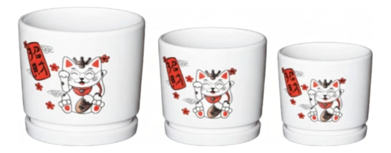 SET 3 MACETERO DECORATIVO DISEÑO GATO SUERTE ARMONIA JHN - 1