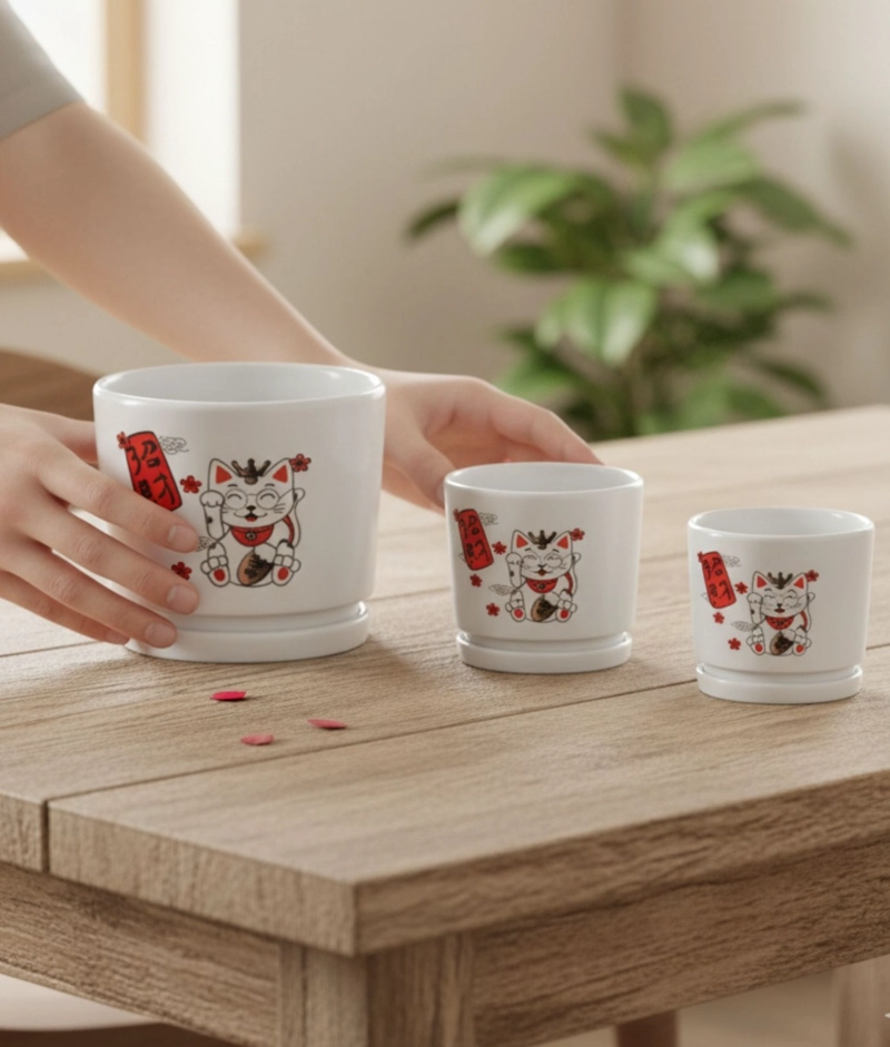 SET 3 MACETERO DECORATIVO DISEÑO GATO SUERTE ARMONIA JHN - 4