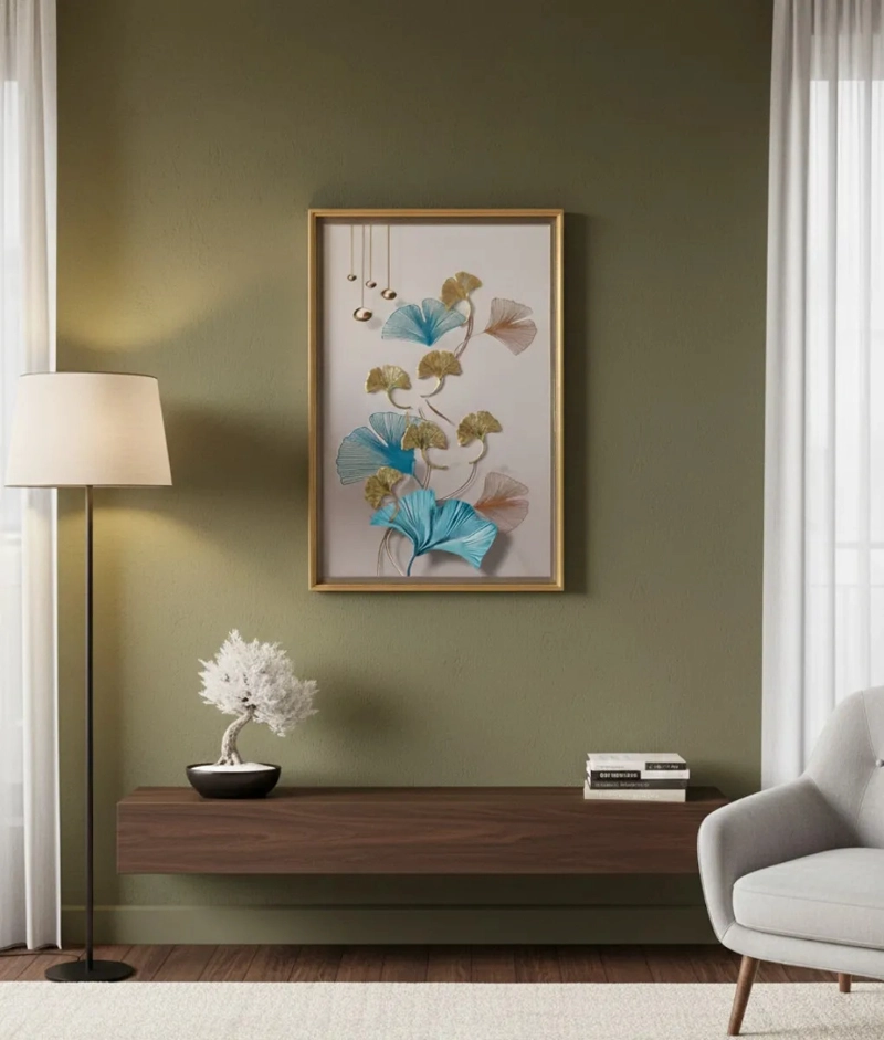 CUADRO DECORATIVO DISEÑO HOJAS GINKGO ADORNO RELIEVE JHN - 10