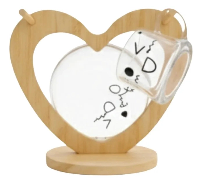 JUEGO VAJILLA TAZAS CAFE  SOPORTE BAMBU DISEÑO CORAZON JHN - 3