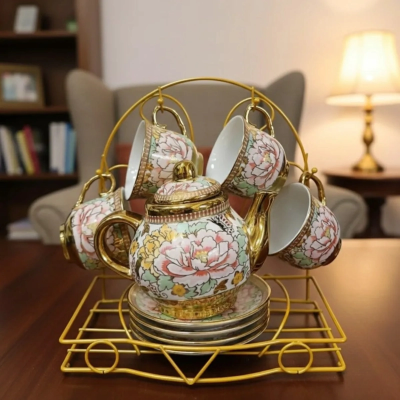 JUEGO TE  DISEÑO FLORAL TETERA SOPORTE ORGANIZADOR HOGAR JHN - 9