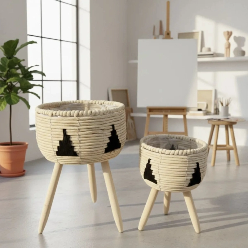 SET 2 MACETEROS ARTESANALES PEDESTAL ESTILO BOHO CHIC AJ - 10