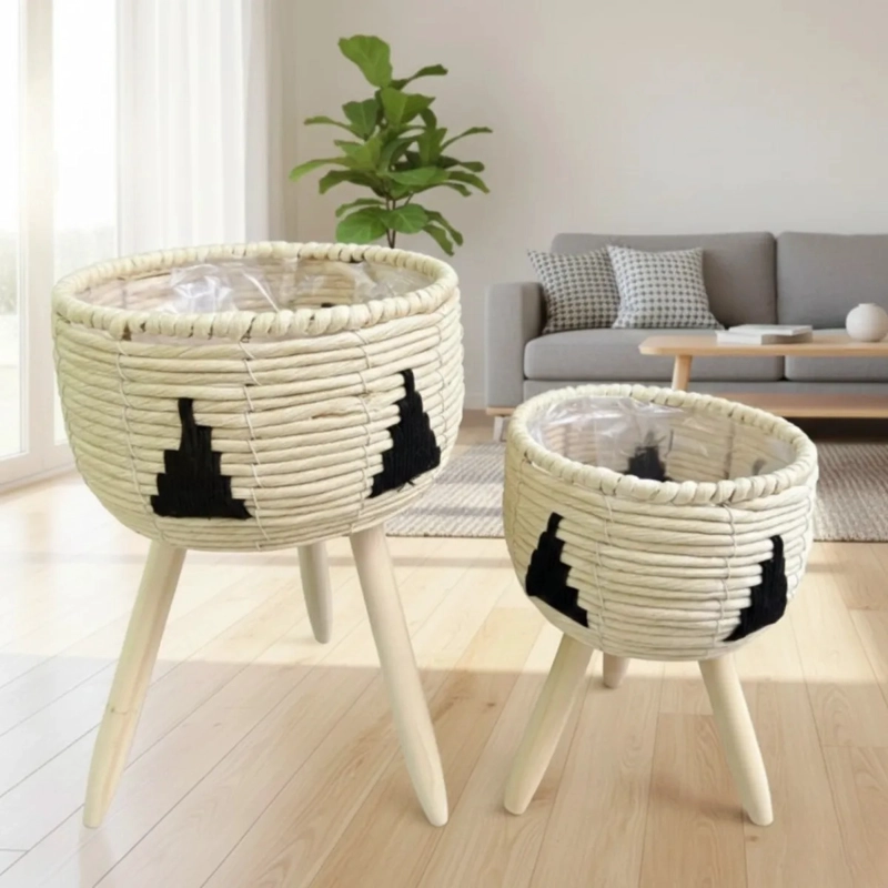 SET 2 MACETEROS ARTESANALES PEDESTAL ESTILO BOHO CHIC AJ - 7