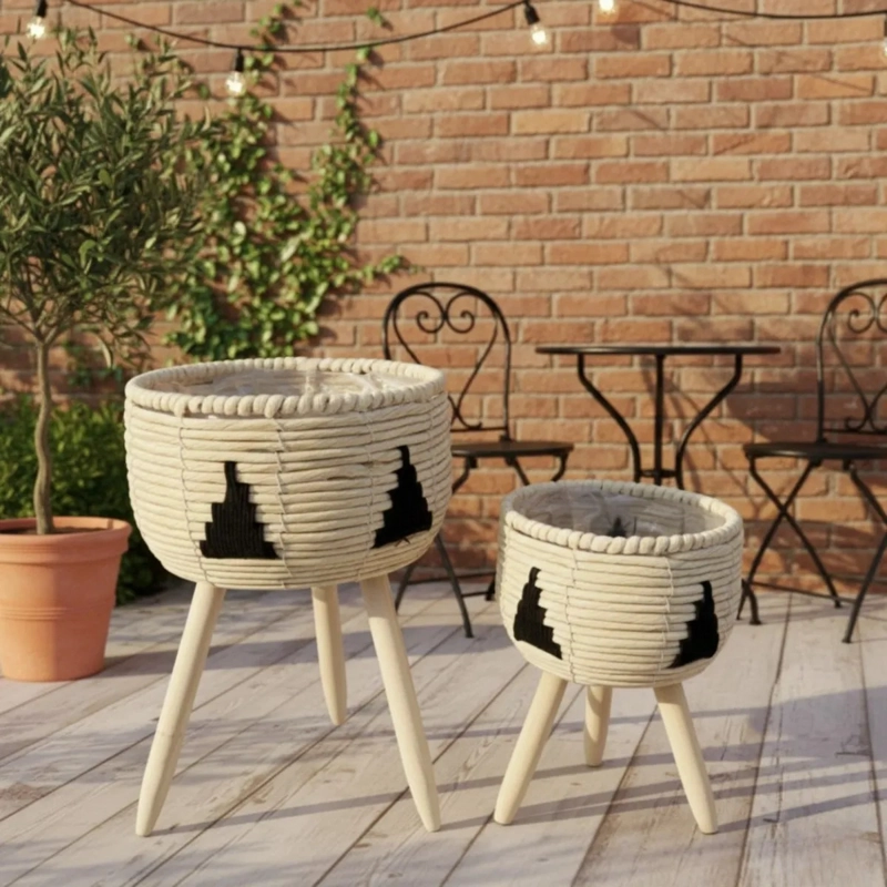 SET 2 MACETEROS ARTESANALES PEDESTAL ESTILO BOHO CHIC AJ - 8