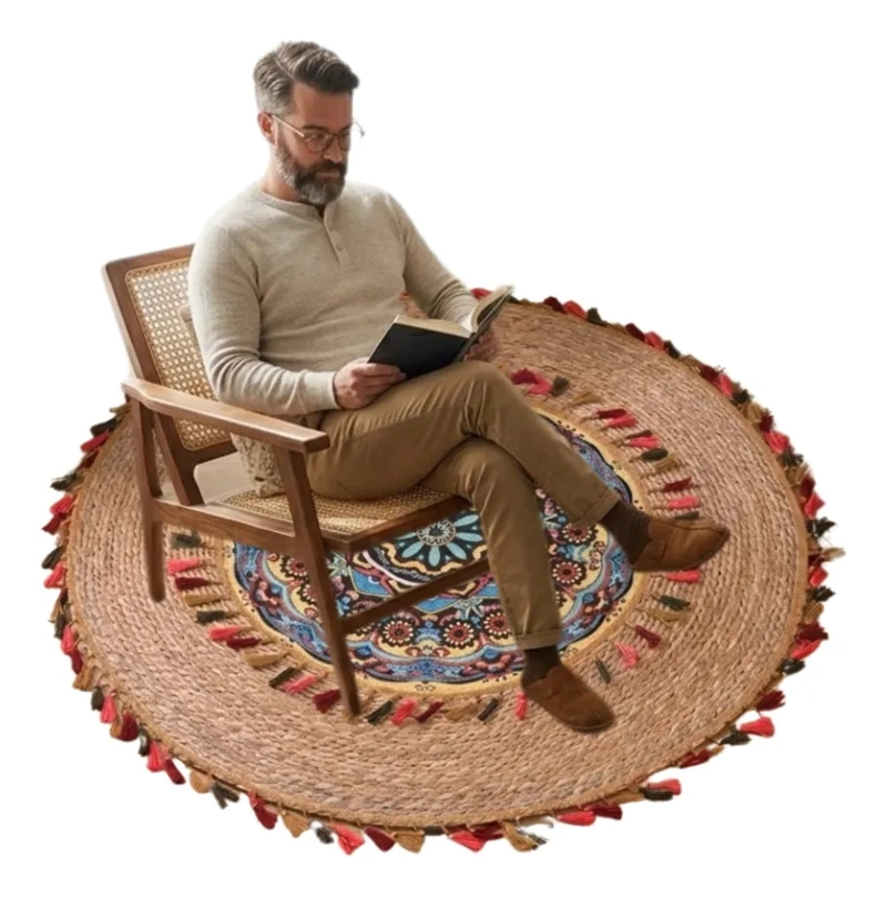 ALFOMBRA REDONDA DISEÑO MANDALA ETNICO BOHO CHIC BORLAS ALJ - 2