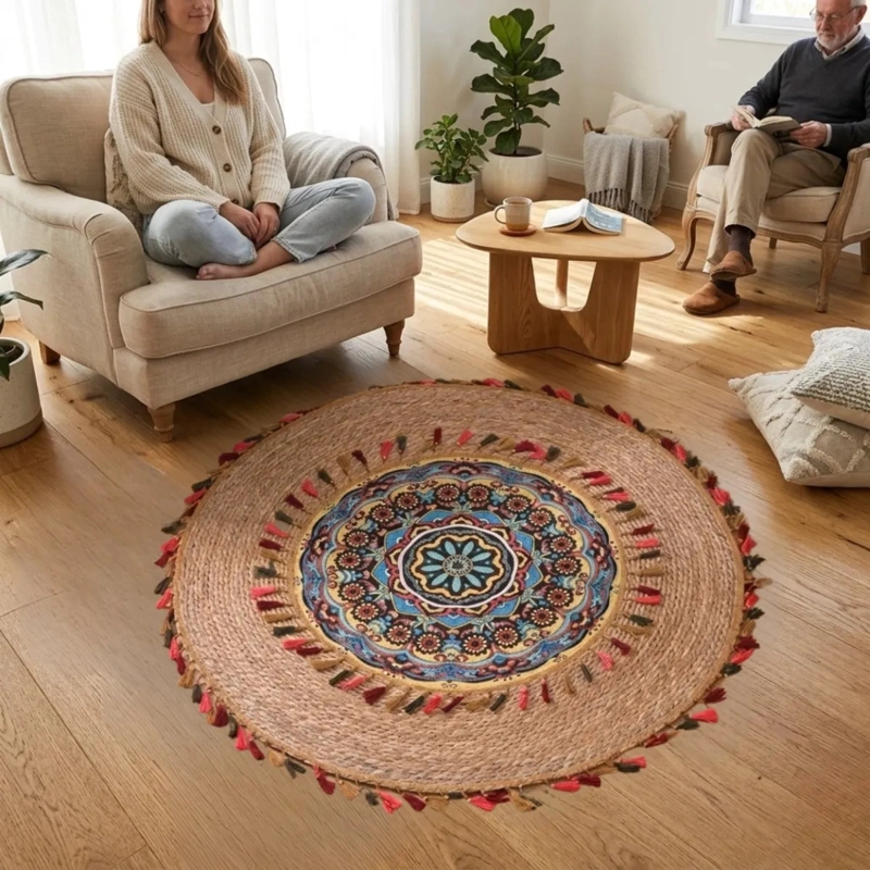 ALFOMBRA REDONDA DISEÑO MANDALA ETNICO BOHO CHIC BORLAS ALJ - 3