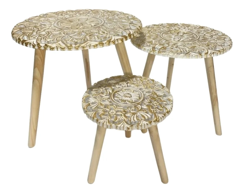 SET 3 MESAS NIDO AUXILIARES ESCULPIDAS FLORALES RELIEVE ALJ - 1