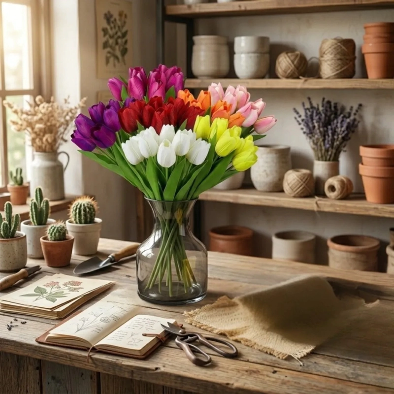 SET 2 RAMOS TULIPANES ARTIFICIALES FLOR DECORATIVA ALJ - 6