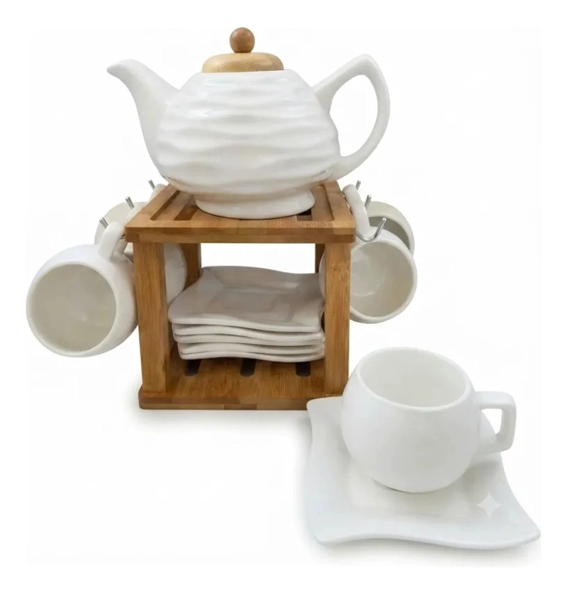 JUEGO TE CAFE CERAMICA TETERA 6 TAZAS SOPORTE BAMBU MV - 1