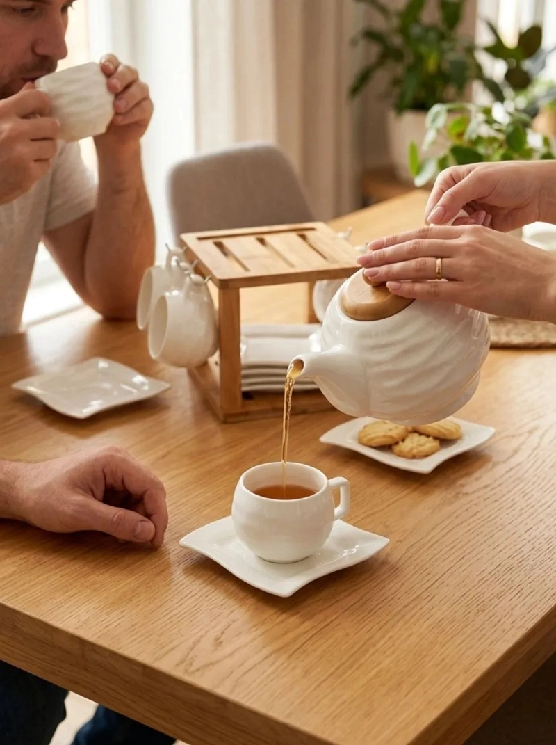 JUEGO TE CAFE CERAMICA TETERA 6 TAZAS SOPORTE BAMBU MV - 6