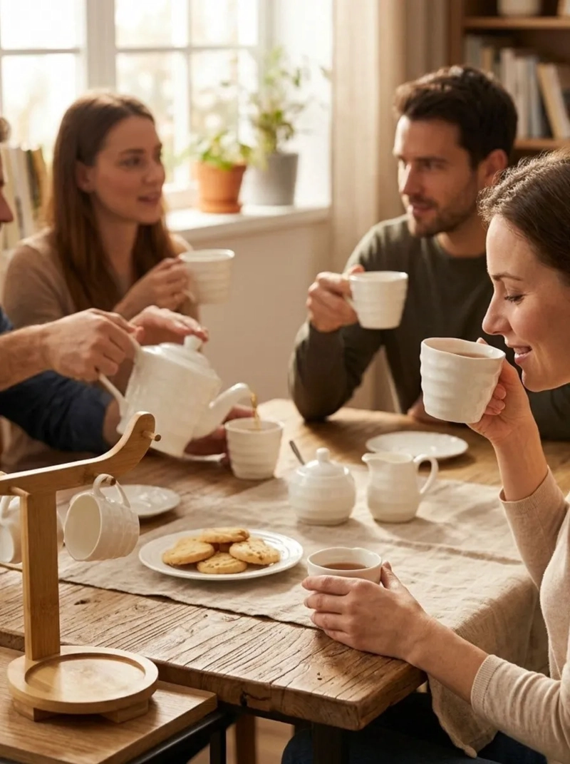 JUEGO TE CERAMICA BLANCA TETERA TAZAS SOPORTE BAMBU MV - 6