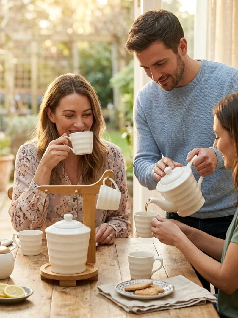 JUEGO TE CERAMICA BLANCA TETERA TAZAS SOPORTE BAMBU MV - 7