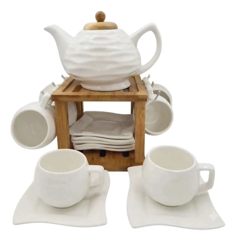 SET TE CERAMICA TEXTURIZADA TETERA 6 TAZAS SOPORTE BAMBU MV - 1