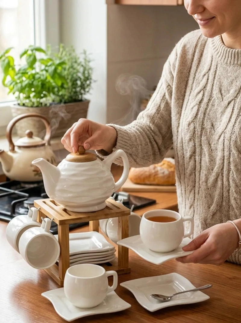 SET TE CERAMICA TEXTURIZADA TETERA 6 TAZAS SOPORTE BAMBU MV - 2