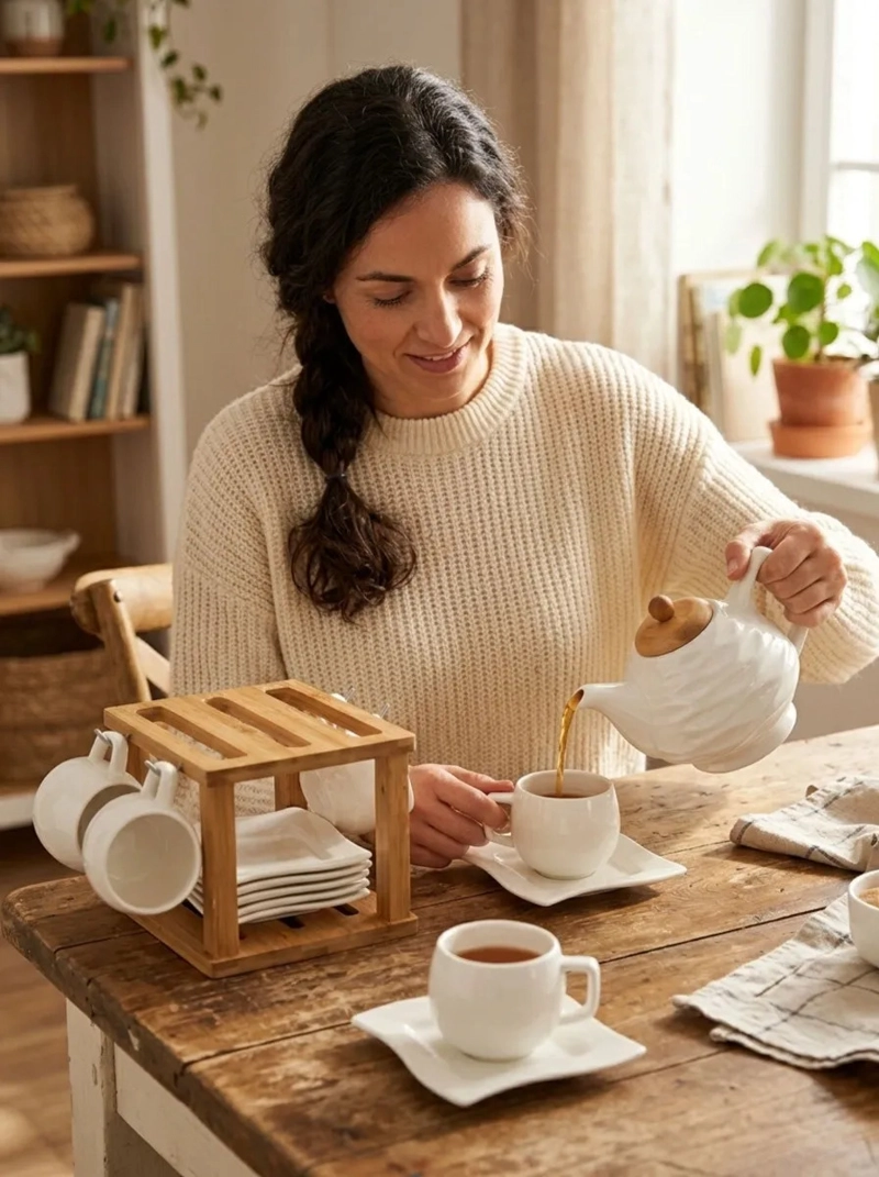 SET TE CERAMICA TEXTURIZADA TETERA 6 TAZAS SOPORTE BAMBU MV - 7