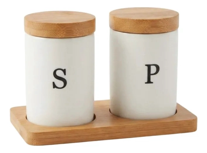 SET SALERO PIMENTERO CERAMICA BLANCA CON BASE DE BAMBU MV - 1