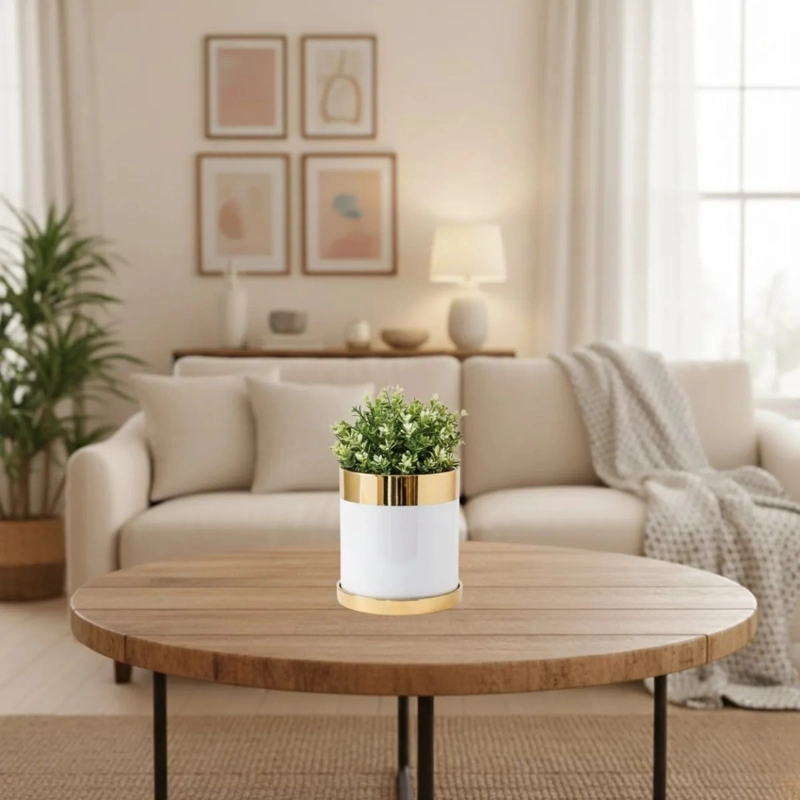 MACETA CILINDRICA BASE PLATO BORDE METALICO MODERNO ALJ - 9