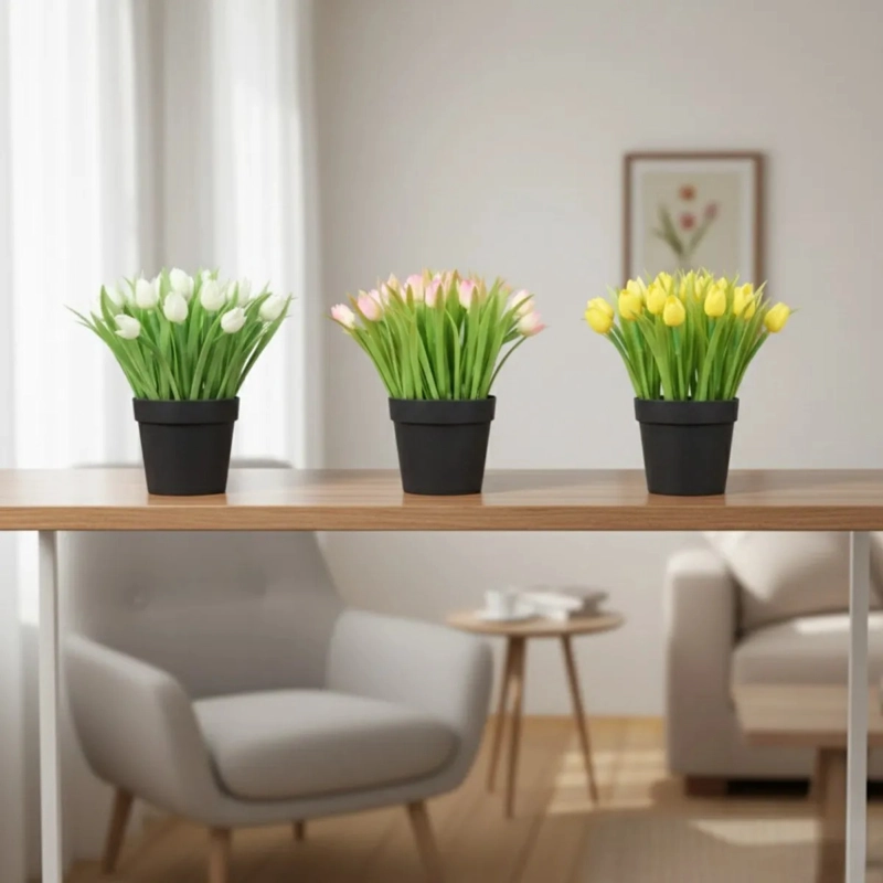 SET 2 FLORES ARTIFICIALES DECORATIVAS TULIPANES MACETA ALJ - 5