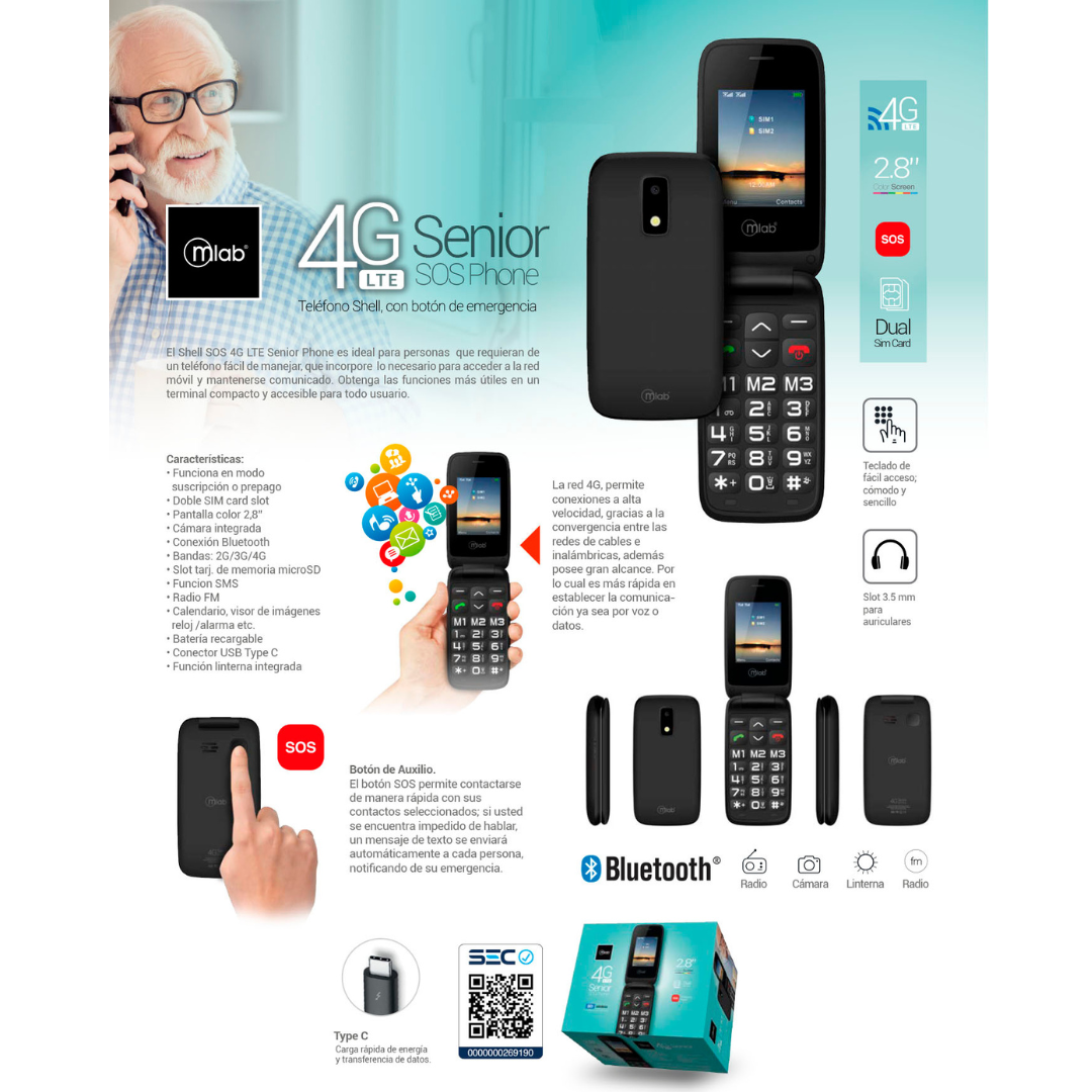 CELULAR MLAB 9204 SENIOR SHELL SOS 4G LTE NEGRO - 5
