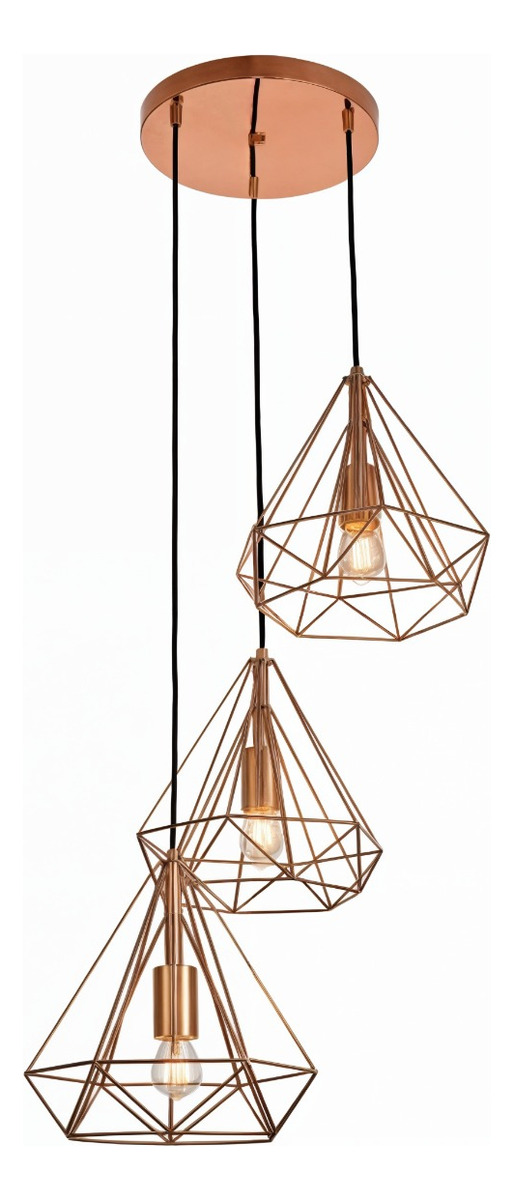 LÁMPARA COLGANTE TECHO TRIPLE HIERRO DIAMANTE COBRE 22CM JHN - 1