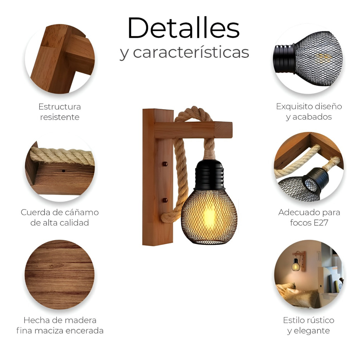 LÁMPARA PARED MADERA SOGA VINTAGE RÚSTICA RETRO JHN - 9