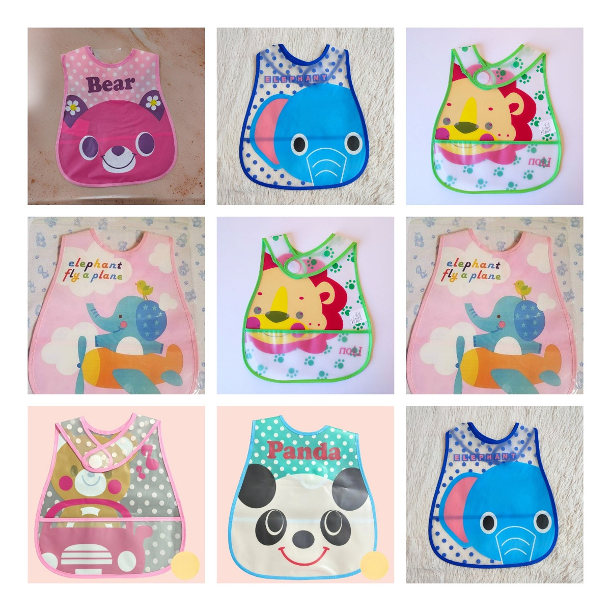 SET DE 8 BABEROS PLÁSTICO IMPERMEABLE BEBÉS DELANTAL JHN - 5