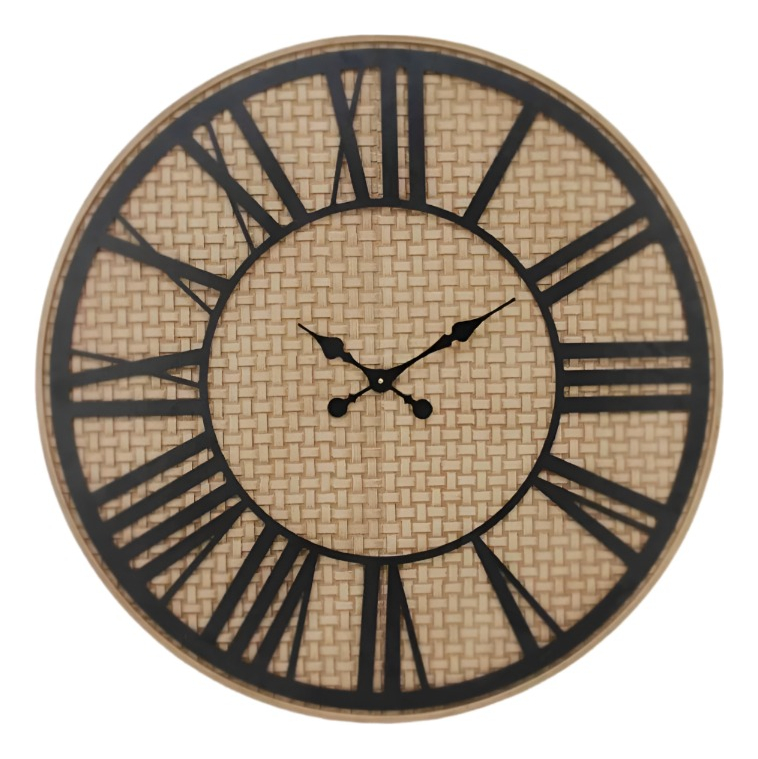 RELOJ PARED RÚSTICO MADERA RATÁN NÚMEROS ROMANOS JHN - 1