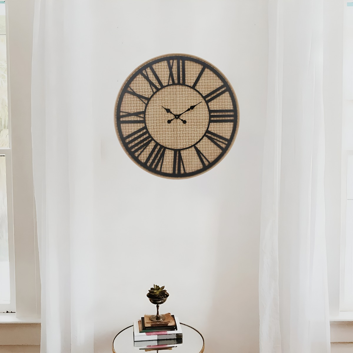 RELOJ PARED RÚSTICO MADERA RATÁN NÚMEROS ROMANOS JHN - 2