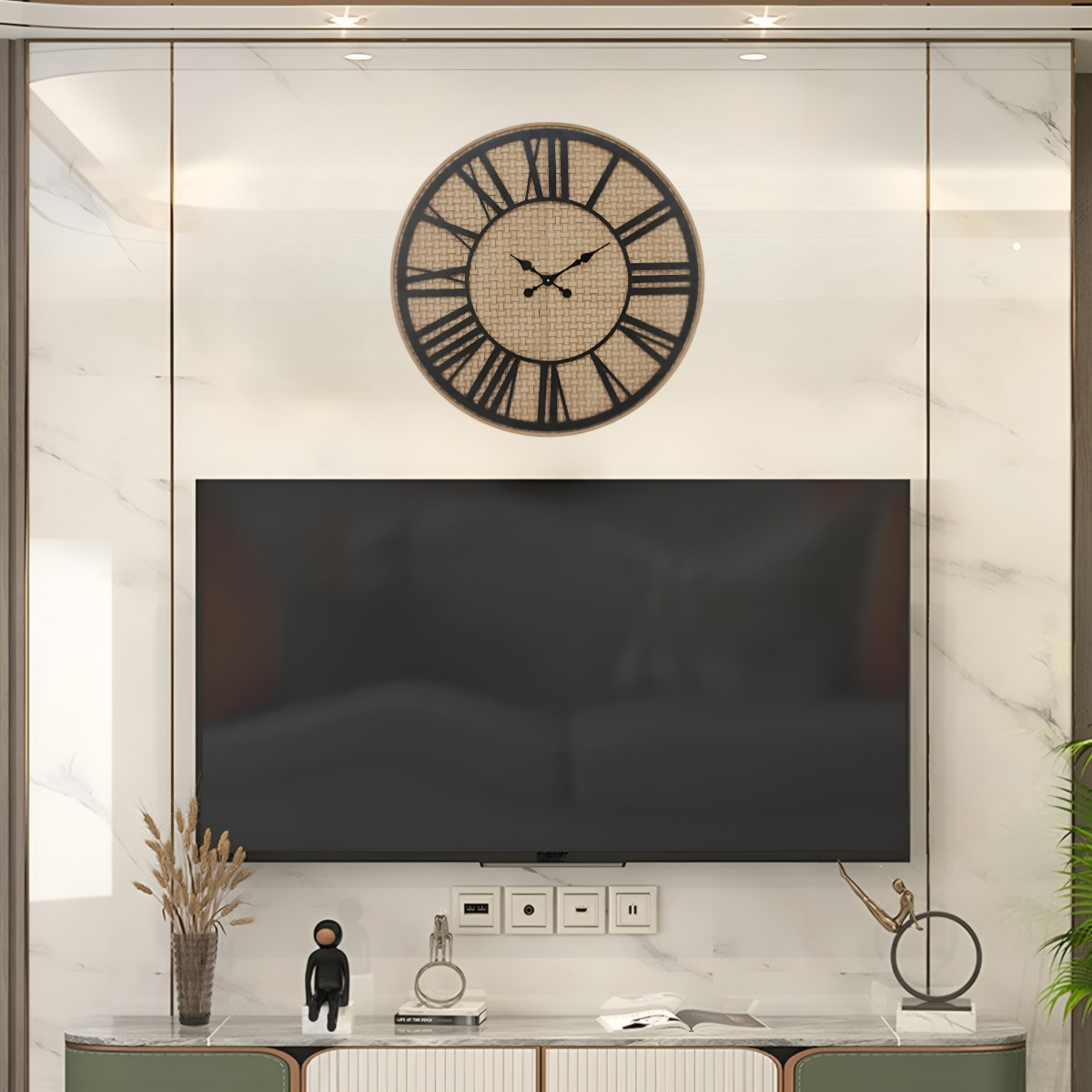 RELOJ PARED RÚSTICO MADERA RATÁN NÚMEROS ROMANOS JHN - 5