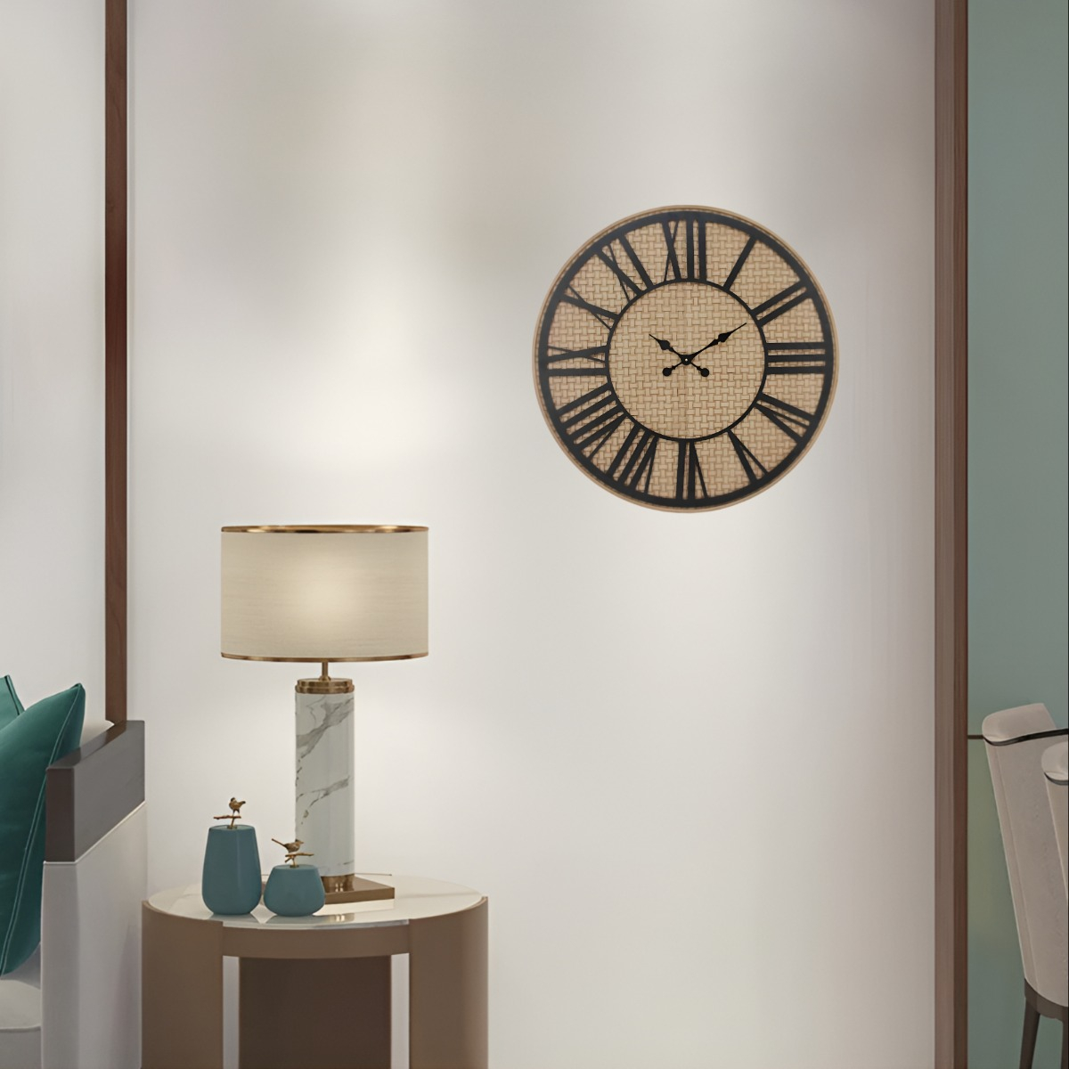 RELOJ PARED RÚSTICO MADERA RATÁN NÚMEROS ROMANOS JHN - 7