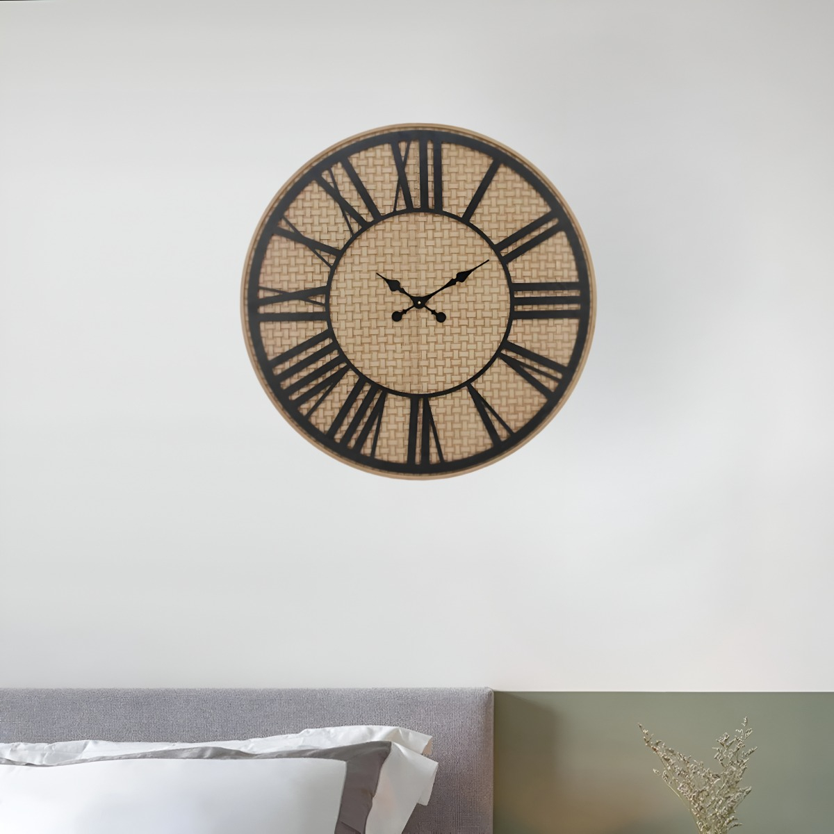 RELOJ PARED RÚSTICO MADERA RATÁN NÚMEROS ROMANOS JHN - 8