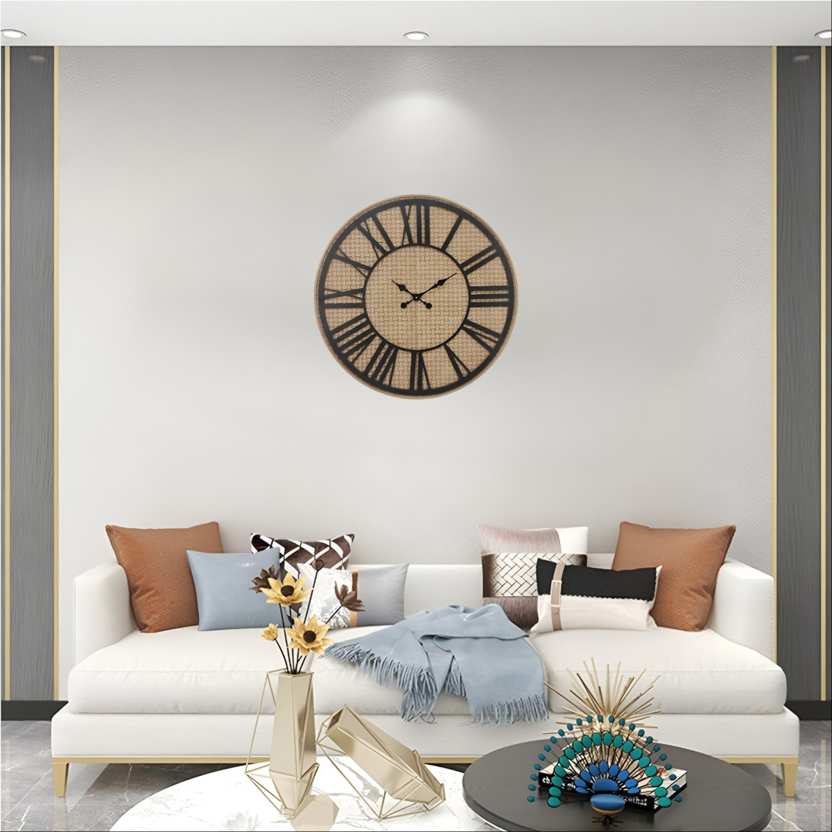 RELOJ PARED RÚSTICO MADERA RATÁN NÚMEROS ROMANOS JHN - 10