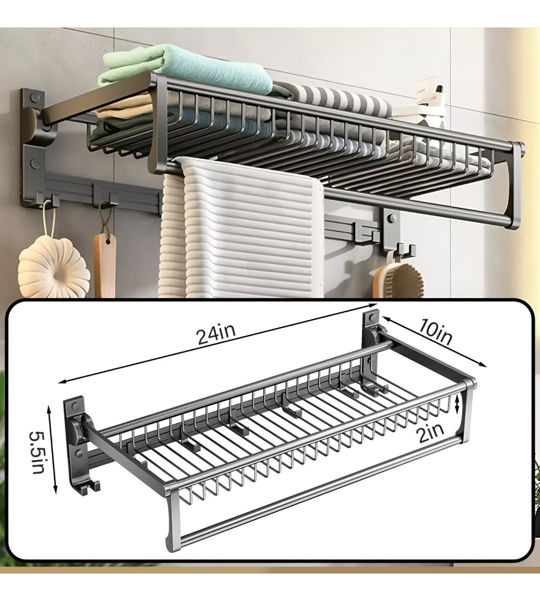 TOALLERO BAÑO 20 PULGADAS DOBLE PLEGABLE BARRA TOALLA JHN - 2